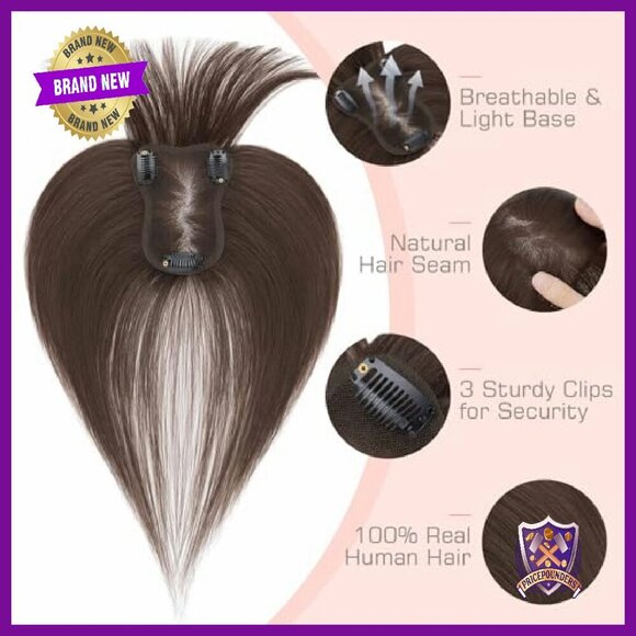 Human Hair Topper with Bangs, 3.15x4.33 Silk Base, 360° Coverage